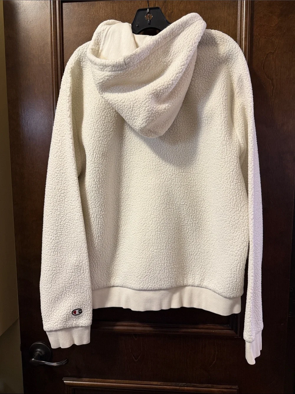 Rare Champion Cream Sherpa Crewneck Hoodie with Pink-Red Logo